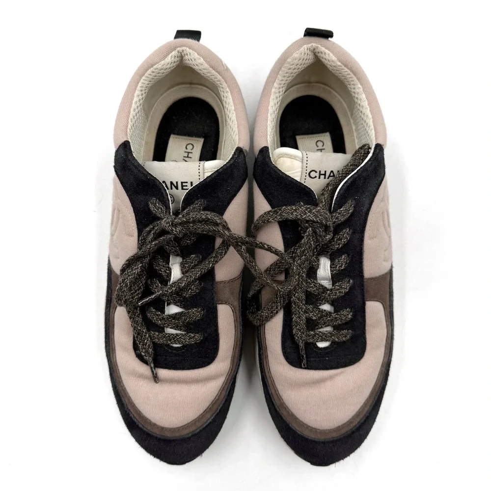 Chanel Suede CC Logo Sneakers Low Top Black Pink Lace-Up‎ Sz 40 / 10 Women